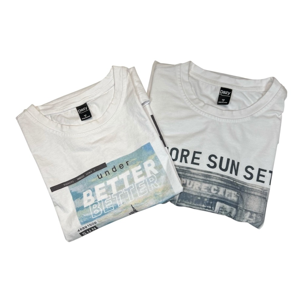 Dazy Graphic Print‎ T-Shirt Casual Short Sleeve Top White Size S 2-pack
